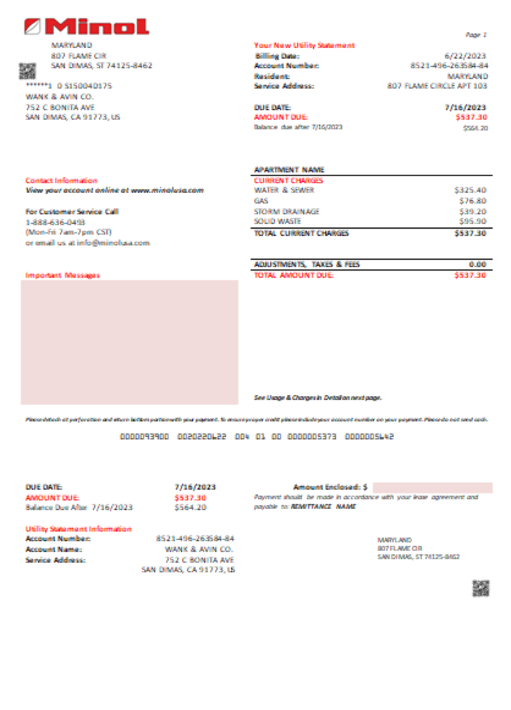 Minol USA utility business bill, SCR PSD template